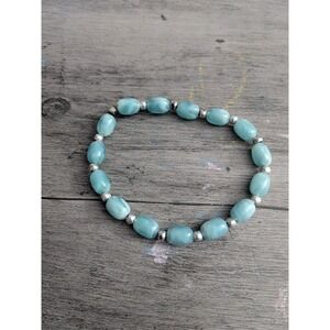 Handmade Light Blue Stone Bead Stretch Bracelet Silver Tone Accents Boho Coastal